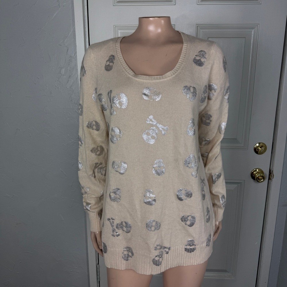 Saks Fifth Avenue Women's Sweater L 100% Cashmere Skull Halloween Open back UU23